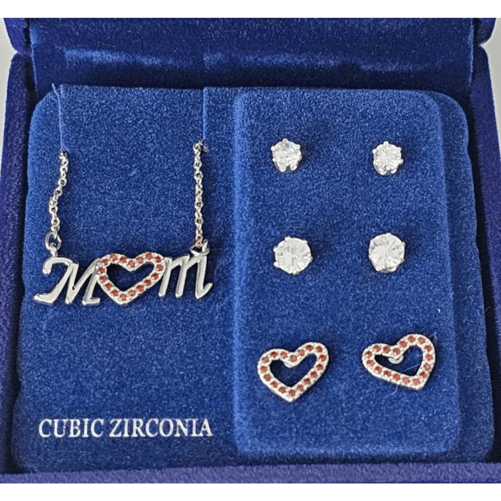 Mom Necklace and 3 pairs‎ of Earrings Silver Plate & Cubic Zirconia NWT Gift